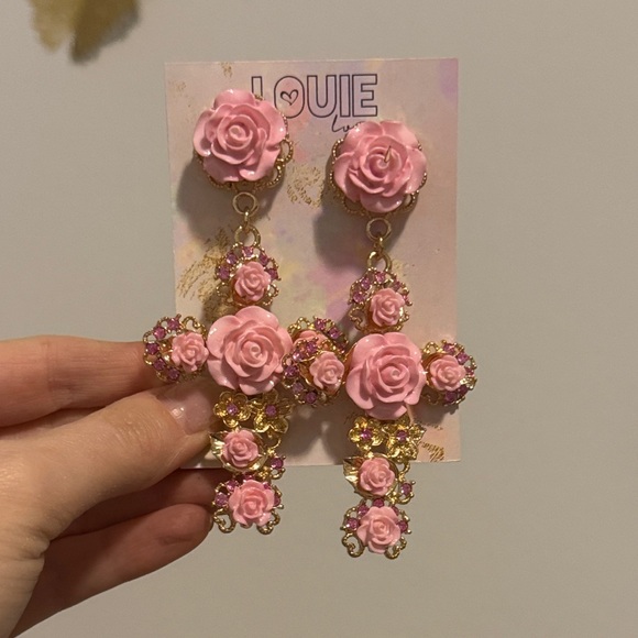 louie love Jewelry - Large Pink and Gold Floral Cross Earrings